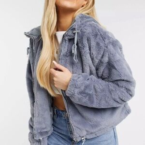 Missguided faux fur hooded bomber jacket in gray size 6